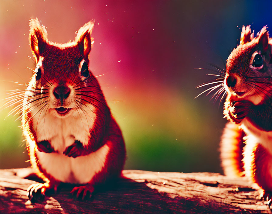 Two squirrels on wooden surface against vibrant colorful background