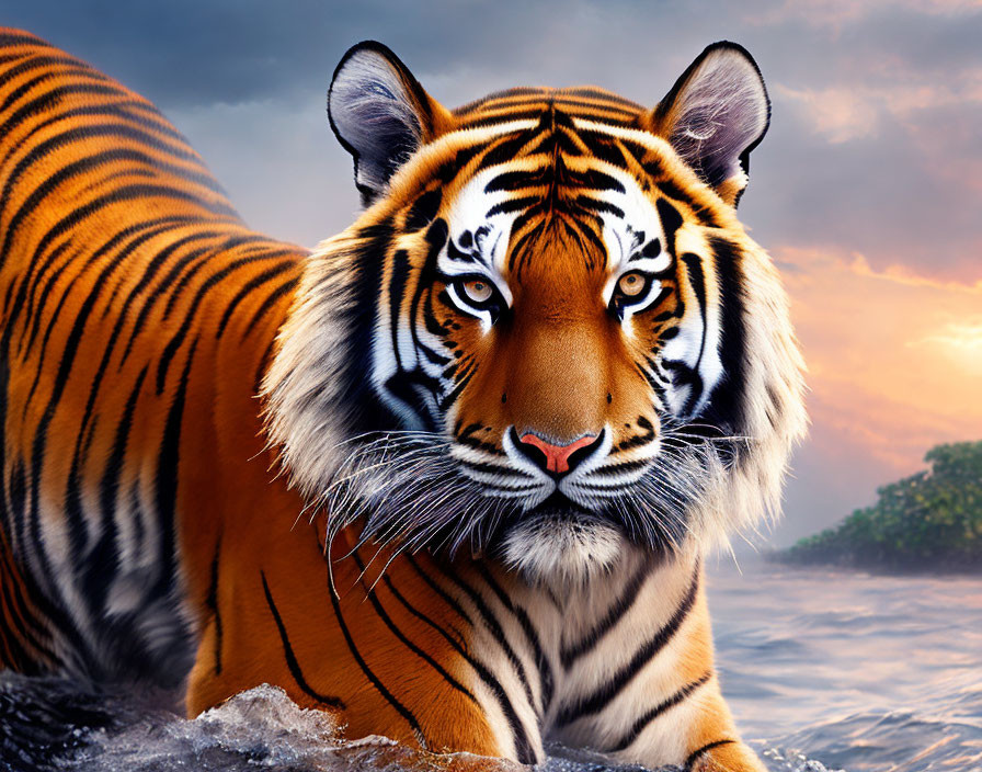 Majestic tiger with orange and black stripes in serene sunset scene