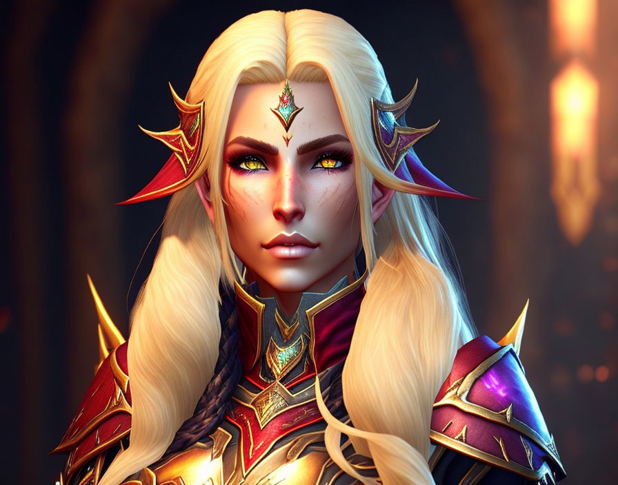 Blonde elven character in red and gold armor with green eyes on fiery background