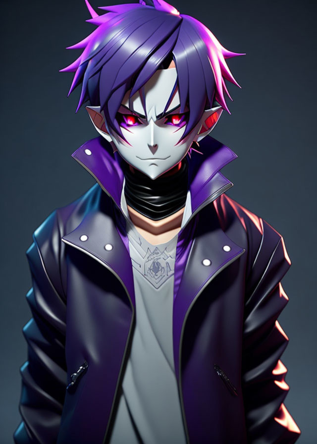 Purple-haired animated character in black and blue jacket with choker necklace