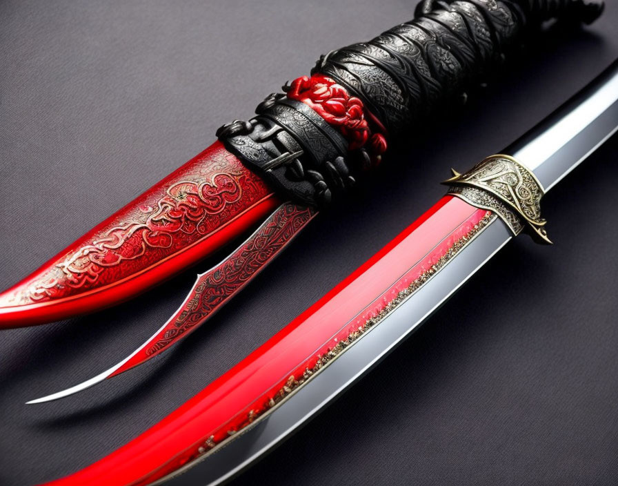 Intricate Black and Red Sheathed Sword with Gold Designs