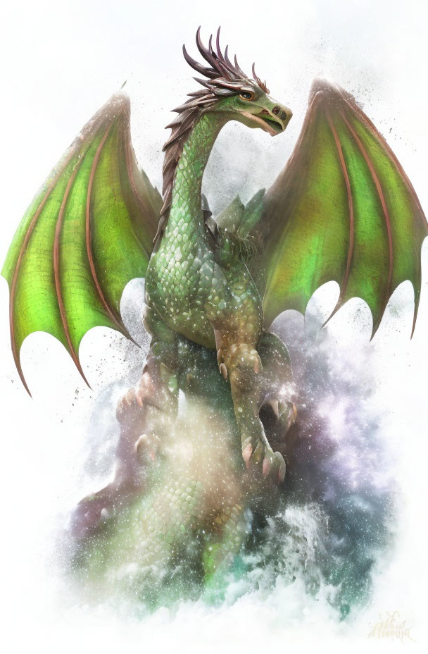 Green-scaled dragon with large wings in swirling clouds