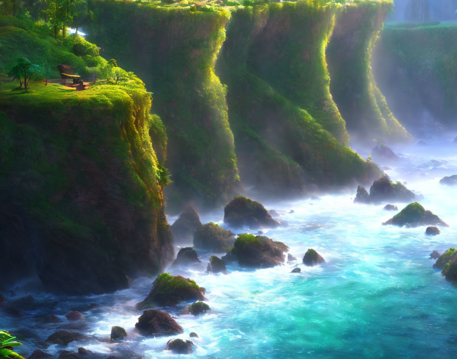 Lush green cliffs with waterfalls cascading into a misty blue sea