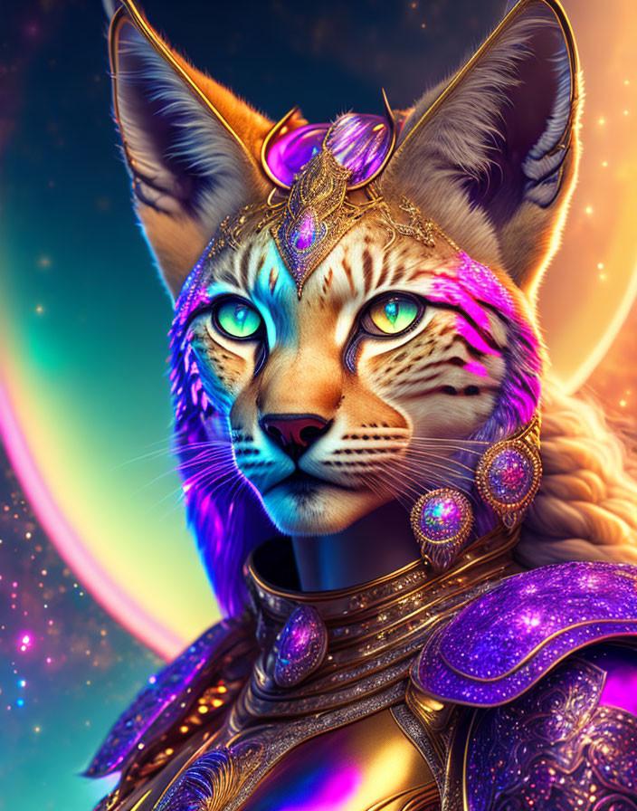 Anthropomorphic cat in medieval armor with purple jewels on cosmic background