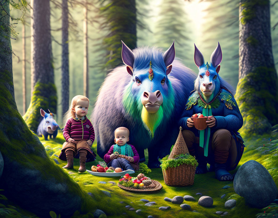 Children and mythical creatures in mystical forest scene