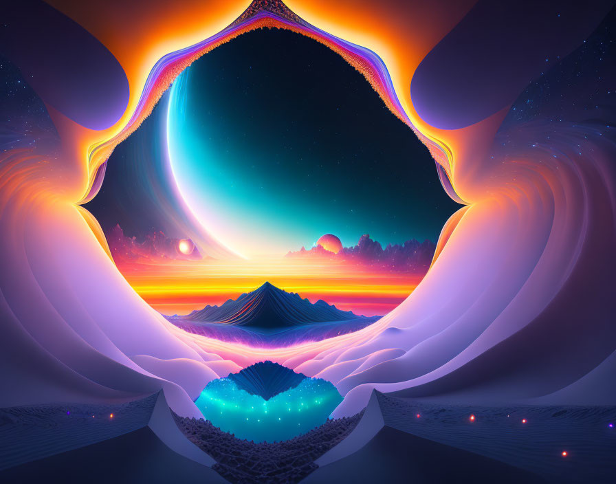 Surreal landscape with glowing portal and vibrant scenery