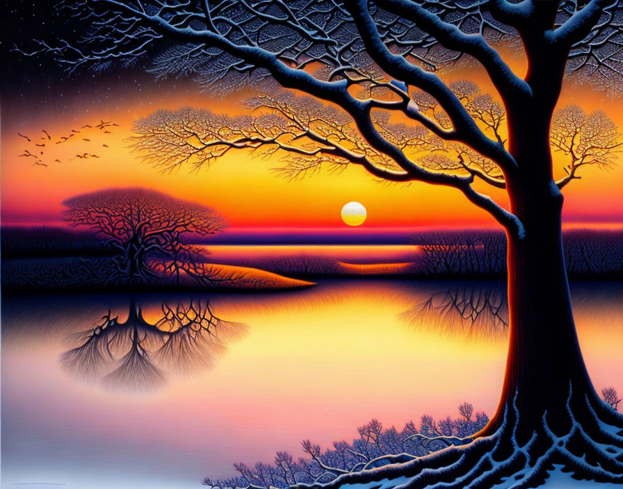 Vivid Orange Sunset with Silhouetted Trees and Snow-Covered Lake