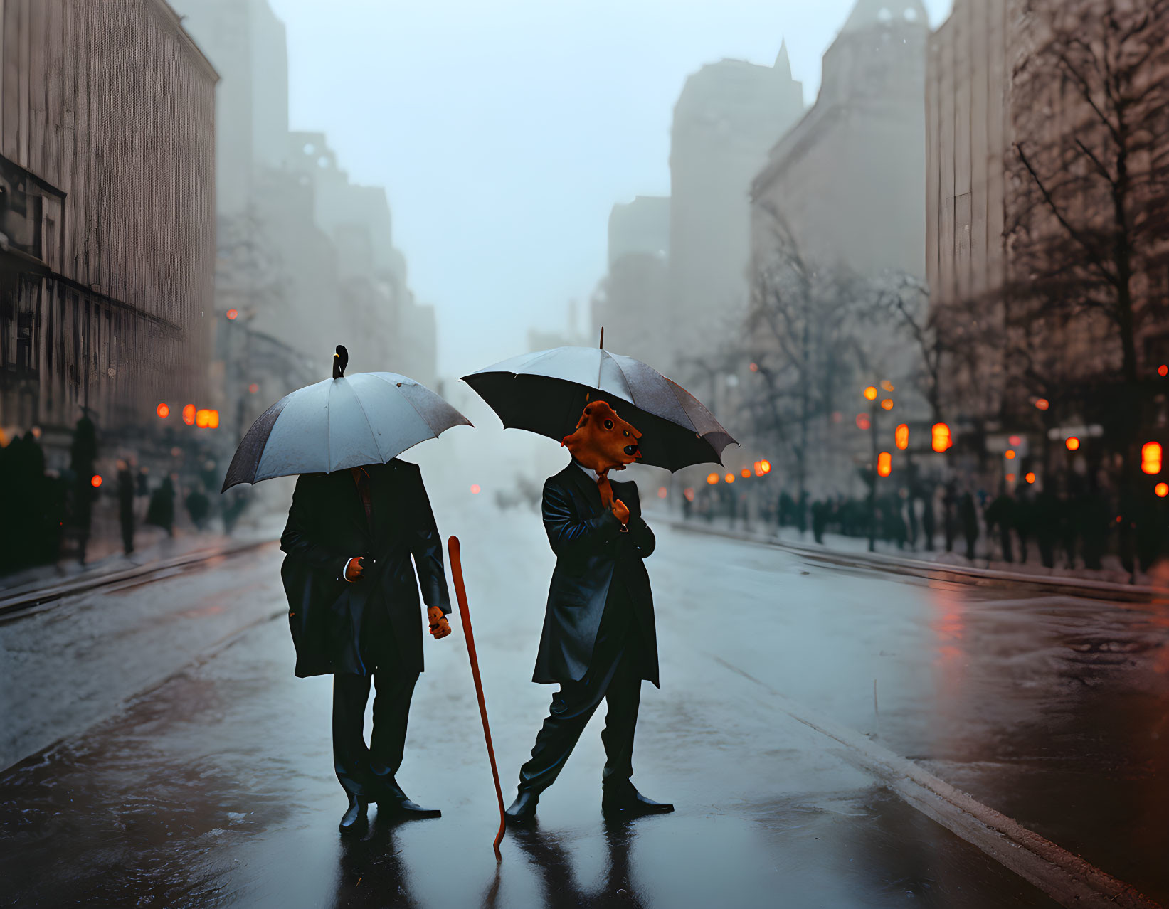 Urban street scene: Two people with umbrellas in foggy city ambiance