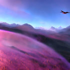 Surreal landscape with pink clouds, purple mountains, and UFOs in dreamlike sky