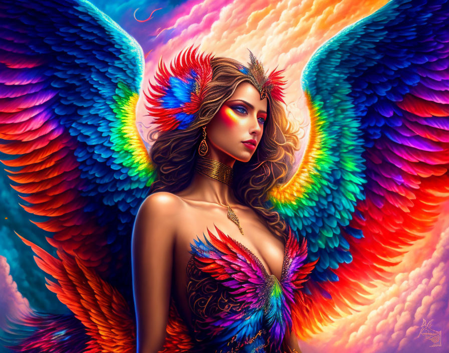 Colorful Illustration of Woman with Multicolored Wings and Feathered Attire