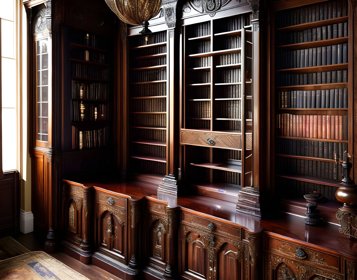 Traditional Wooden Home Library with Ornate Bookshelves and Rolling Ladder