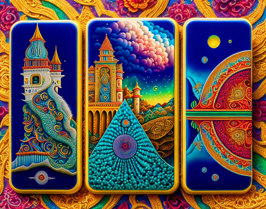 Three Vibrant Artistic Phone Backgrounds: Whimsical Architecture, Swirling Patterns, Celestial