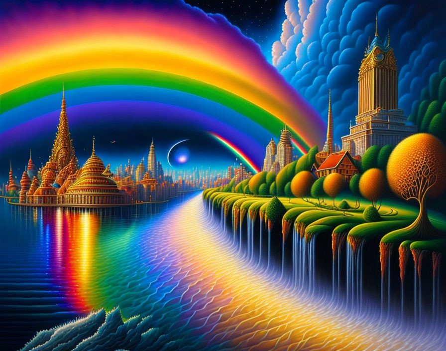 Colorful Fantasy Landscape with Rainbow, Moon, and Waterfalls