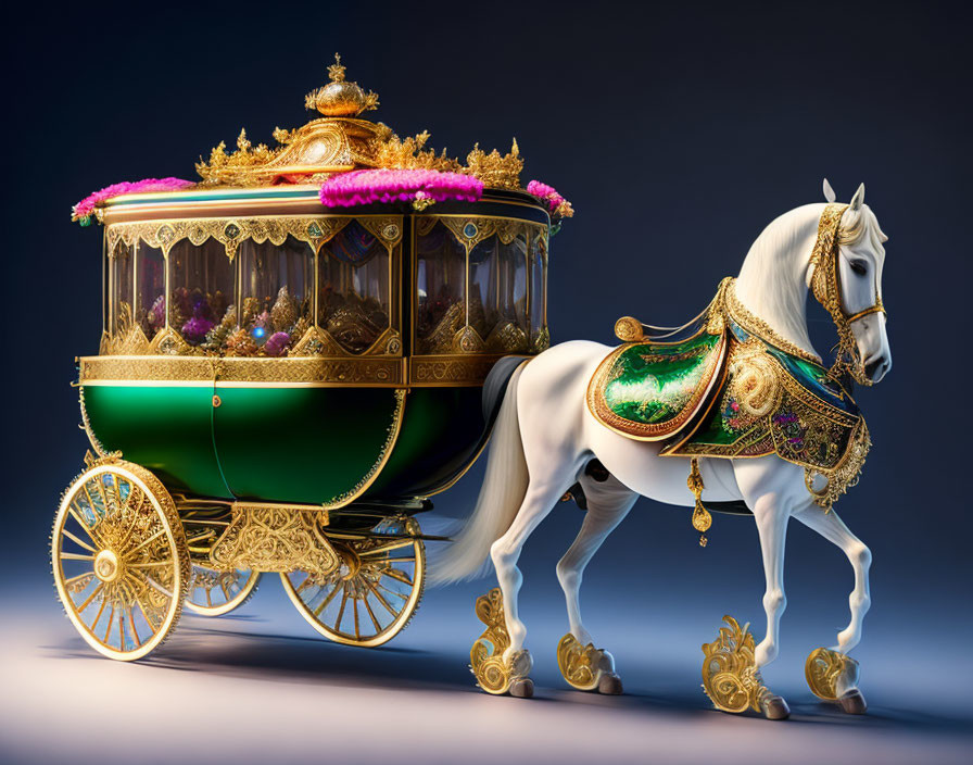 White Horse Pulling Elaborate Green and Gold Carriage With Purple Flowers