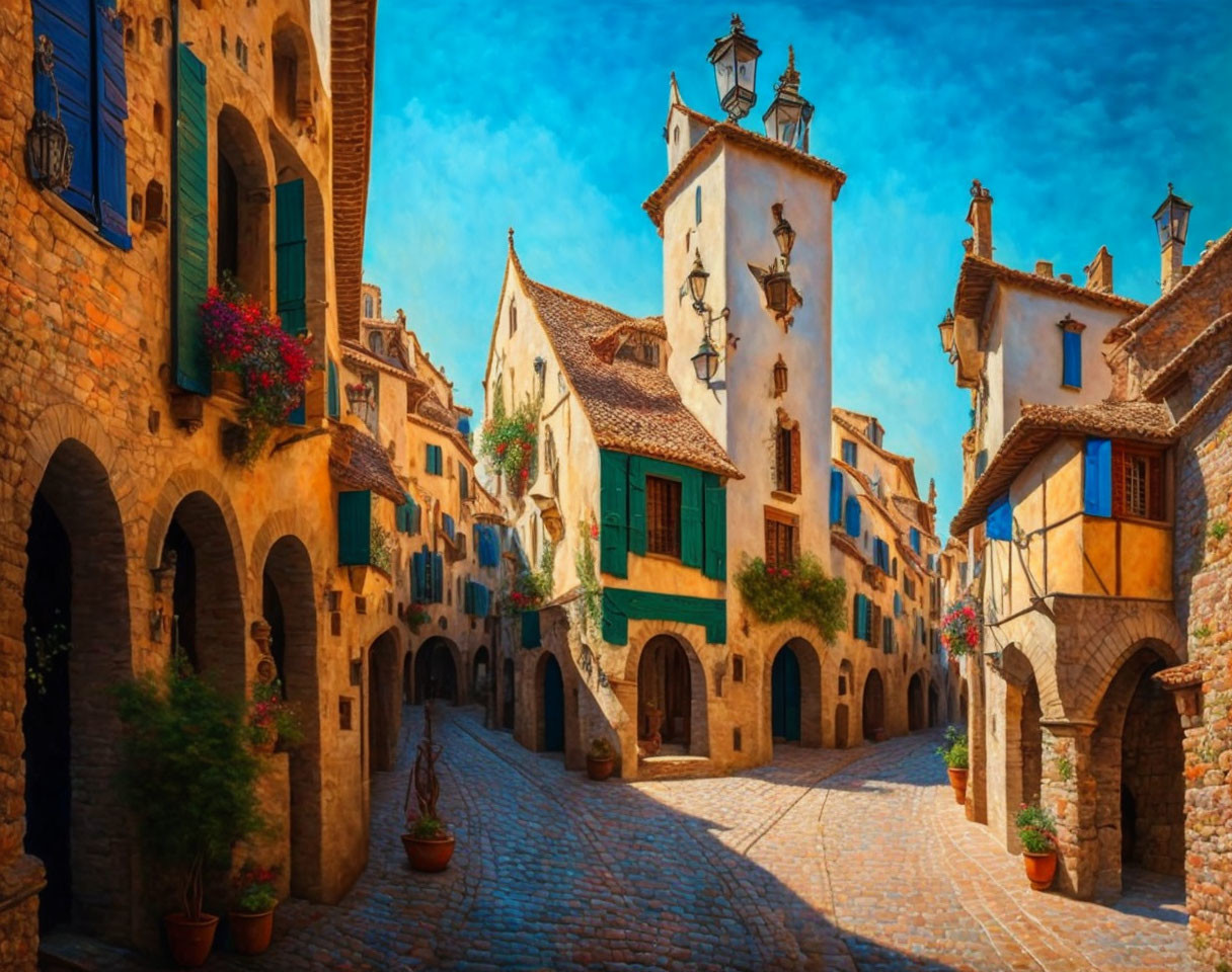 European Village Cobblestone Street with Vibrant Buildings and Flower Baskets