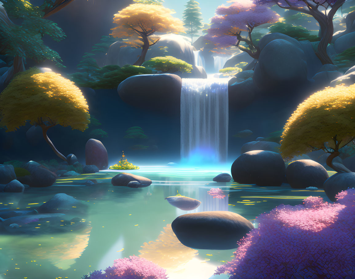 Glowing tree in serene fantasy landscape with waterfalls and mystical boulders