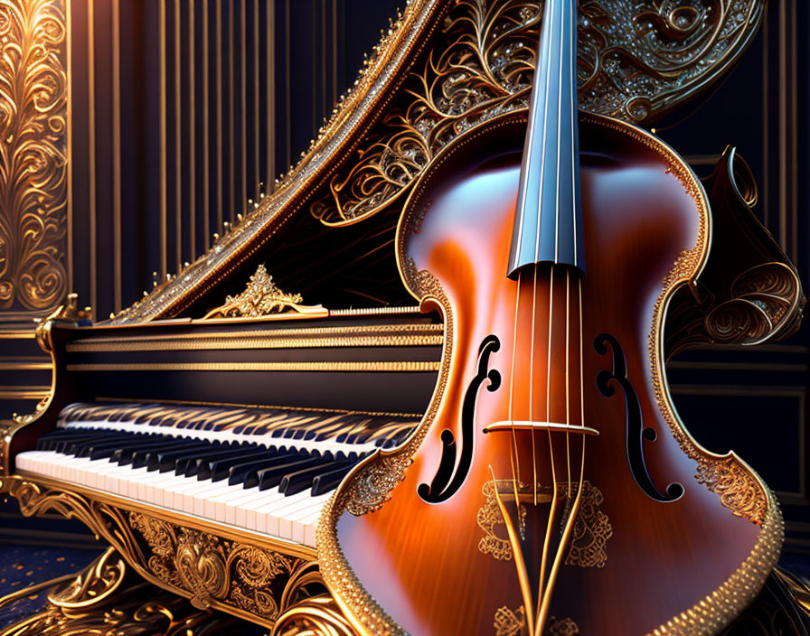 Violin resting on grand piano with ornate golden patterns