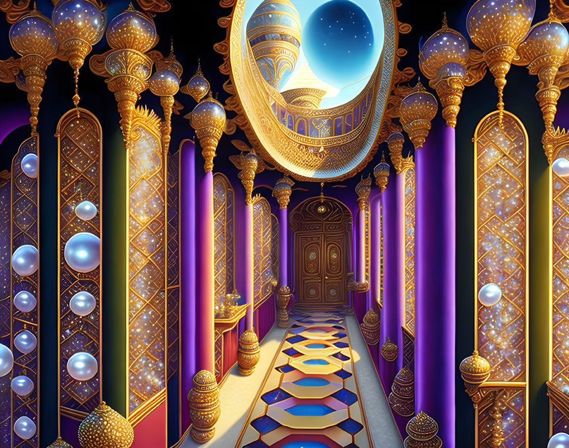 Opulent fantasy corridor with purple and gold columns and floating orbs.