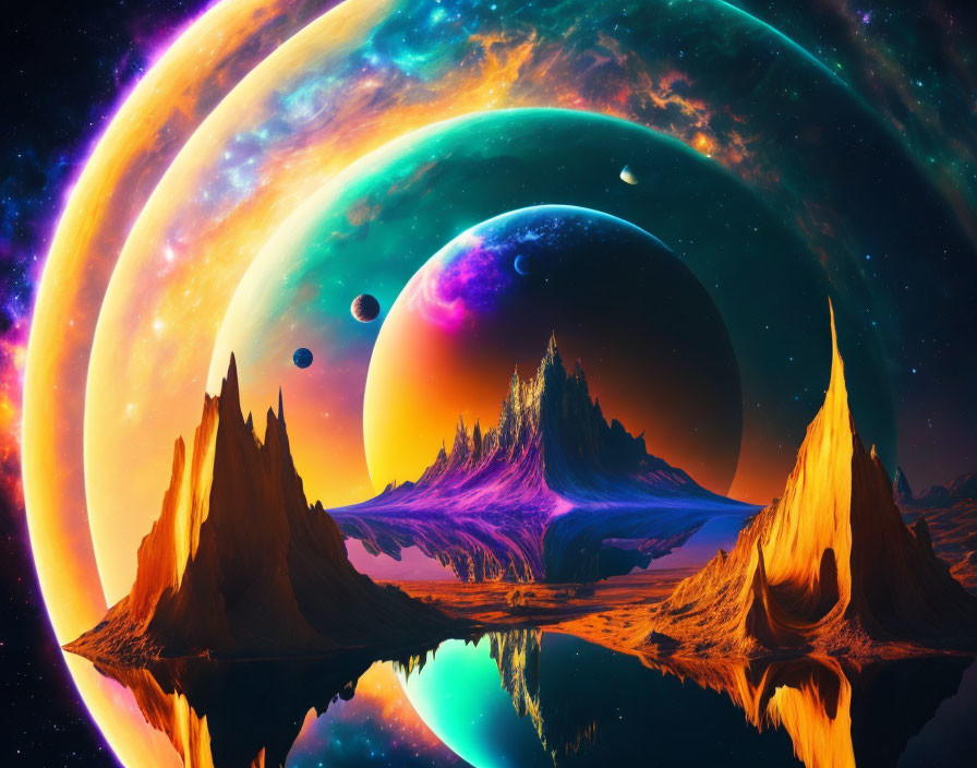Colorful cosmic landscape with mountain reflection and celestial bodies