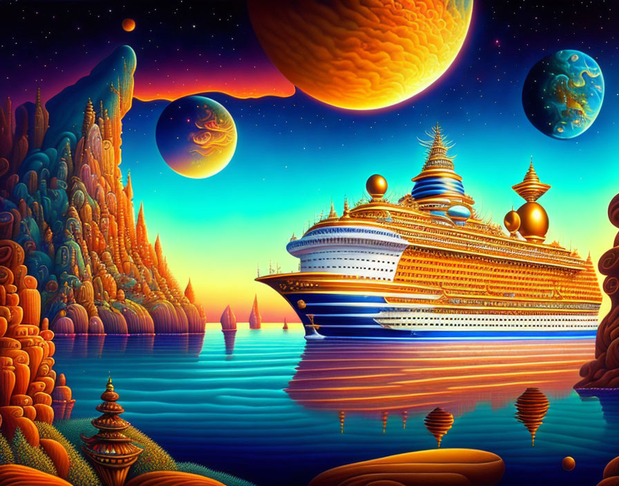 Colorful surreal landscape with cruise ship on reflective water & alien terrain.
