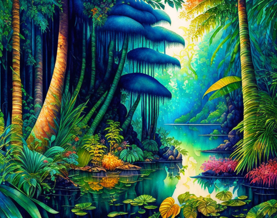 Luminous jungle with magical trees and serene pond