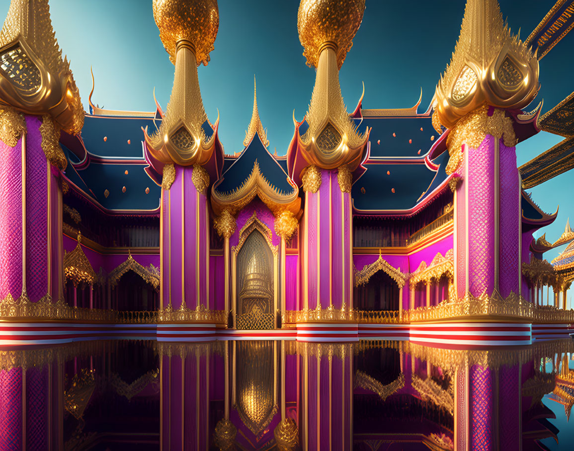 Fantastical temple with golden spires and reflective purple walls