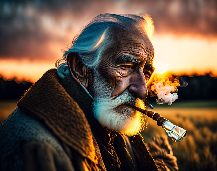 elderly man smoking pipe by the field