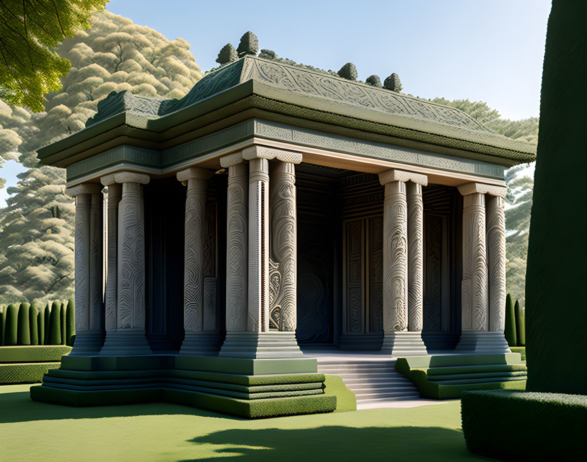 Classical Temple with Corinthian Columns in Manicured Gardens