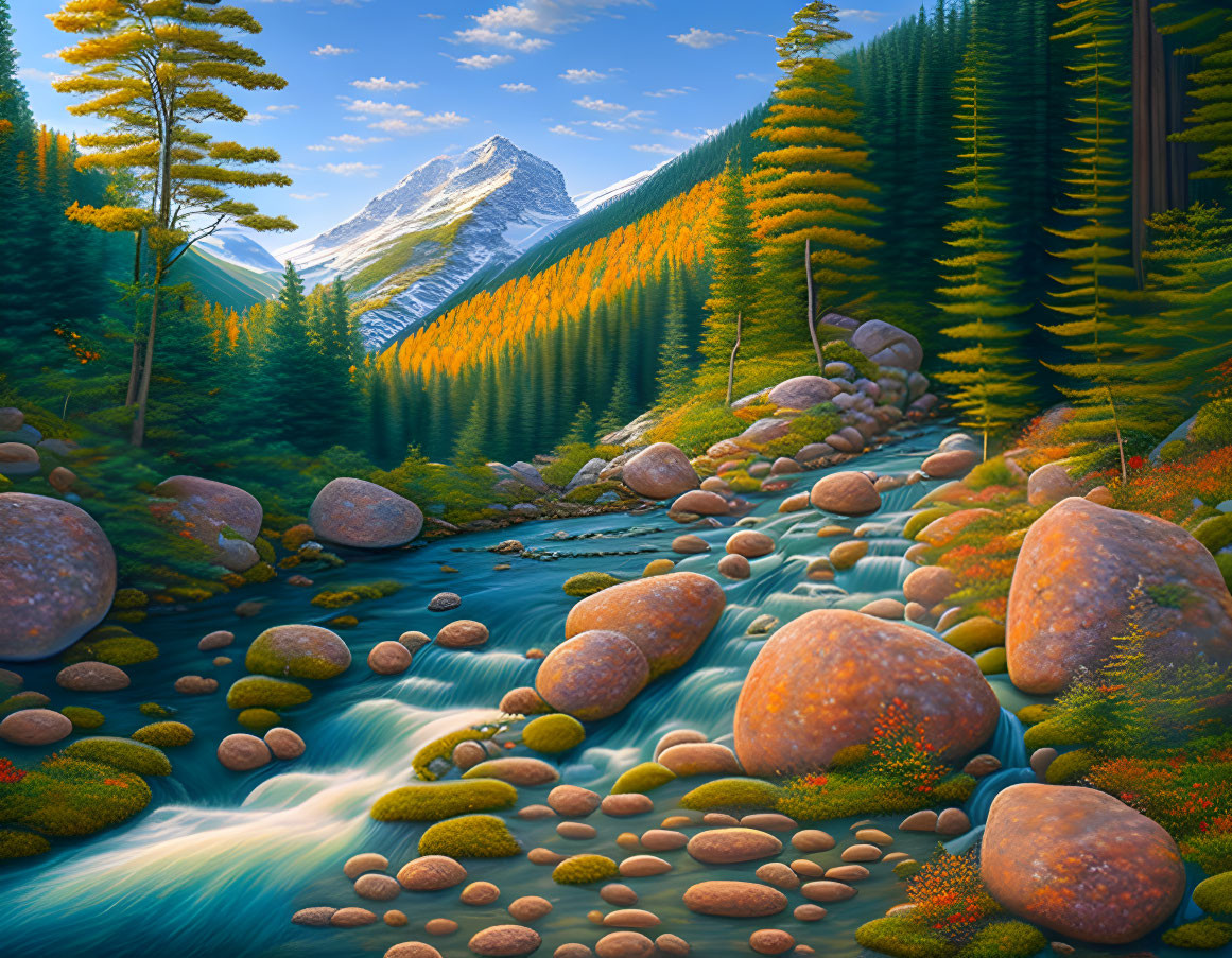 Scenic painting of serene river, autumn forest, and mountain