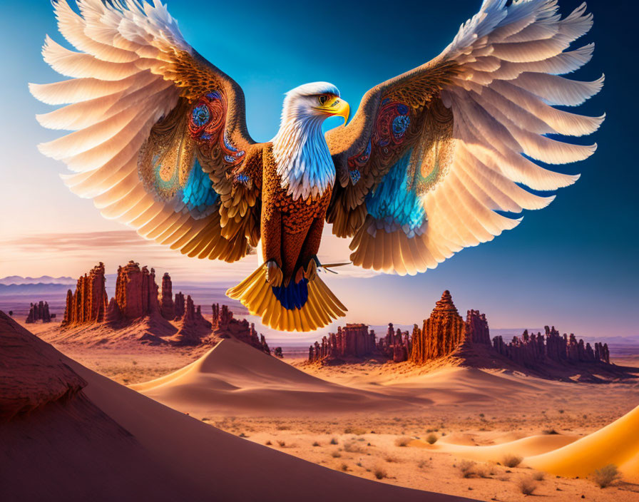 Majestic eagle with patterned wings flying over desert landscape