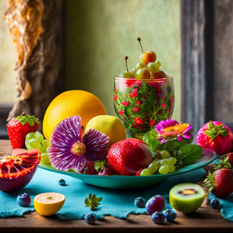Fresh fruits - strawberries, grapes, citrus - and colorful flowers on rustic wooden table