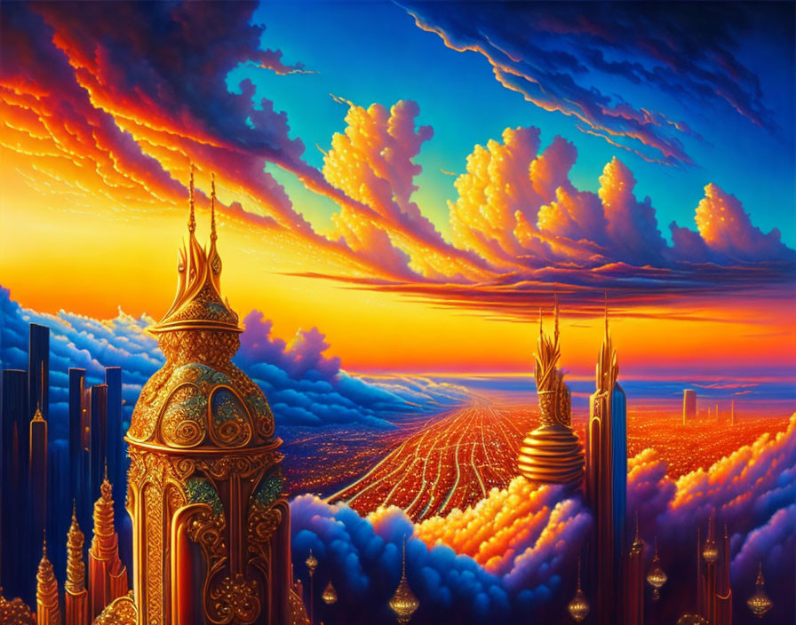 Fantastical landscape with ornate spires and fiery sky.