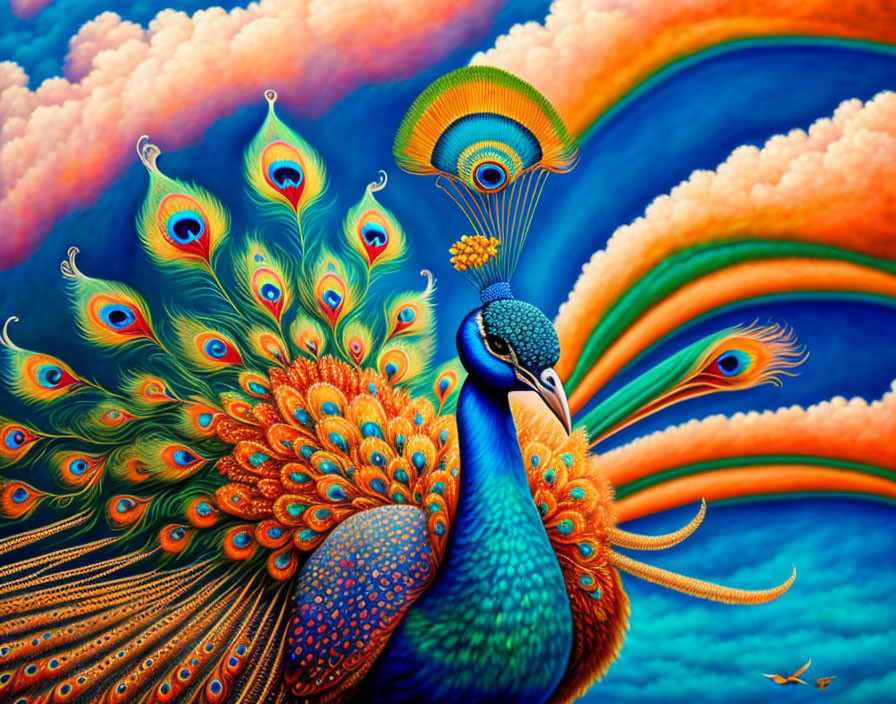 Colorful peacock illustration with spread tail feathers against sunset clouds