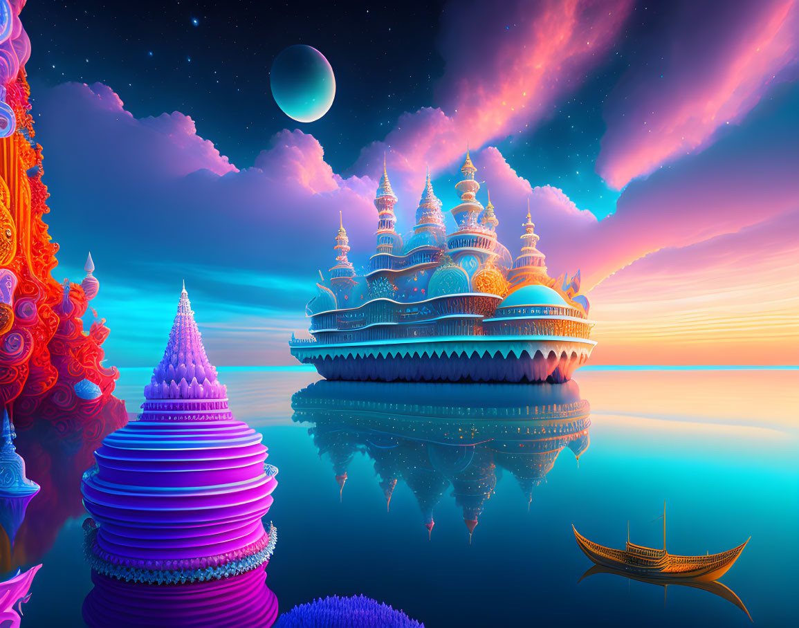 Fantastical landscape with floating castle, colorful clouds, serene ocean, intricate architectures, small boat,