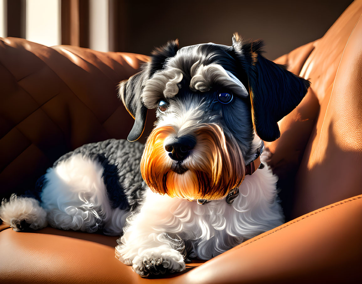 Fluffy black and white dog with floppy ears on brown leather couch in sunlight