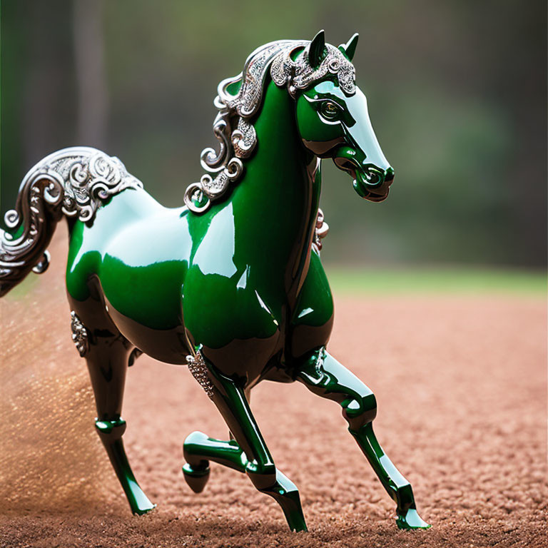 Green Porcelain Horse Figurine with Silver Accents on Textured Brown Surface