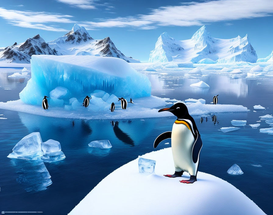 Penguin on snow patch with icebergs and snowy mountains