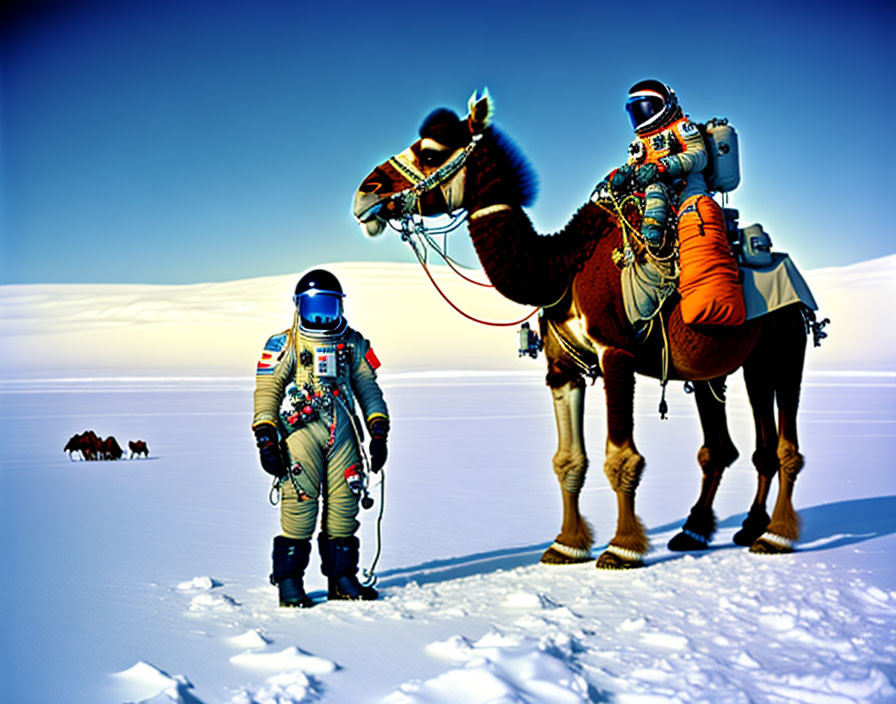 Astronaut and camel in colorful gear on snow-covered landscape