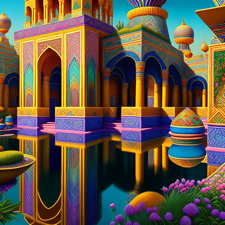 Detailed Fantastical Palace Illustration with Vibrant Colors