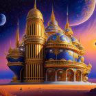 Extraterrestrial palace with golden domes under starry sky