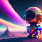 Futuristic robot on alien landscape with pink skies and floating orbs
