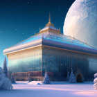 Winter palace with glowing windows under starry sky and translucent dome among snow-laden trees