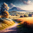 Tranquil countryside scene with winding path, fields, houses, trees, and distant hills in warm