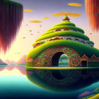 Surreal landscape with green teardrop structure, floating islands, and reflective water