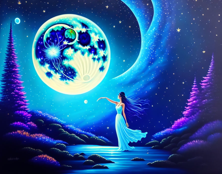 Fantasy illustration: Woman in flowing dress by lakeside under starry night sky