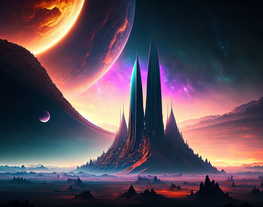 Futuristic sci-fi landscape with spire-like structures on alien planet