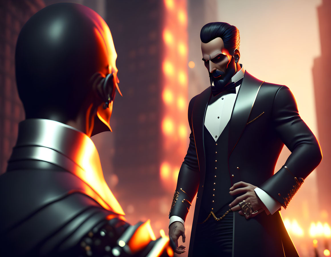 Stylized male figures in dramatic face-off: robot vs. tuxedo in urban night scene