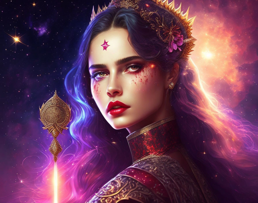 Blue-haired woman with golden crown and scepter in cosmic setting.