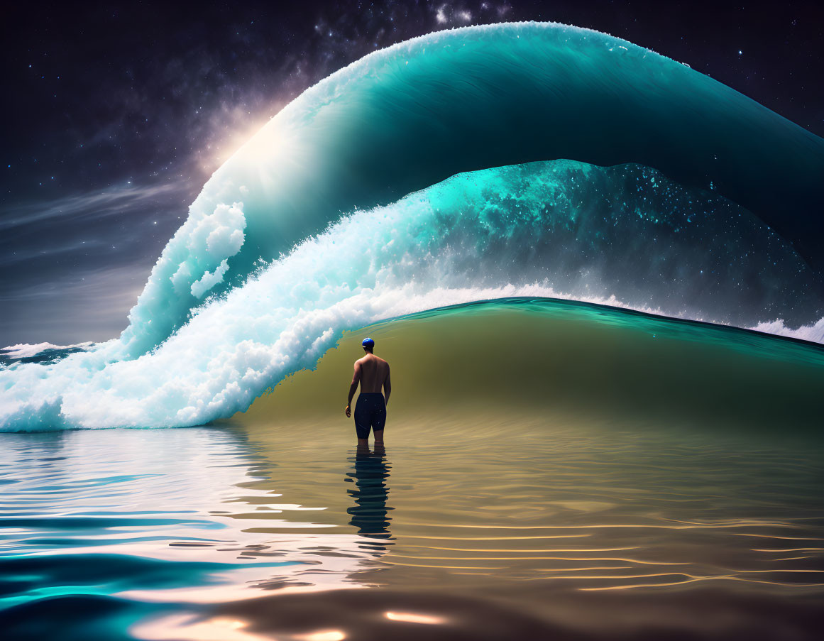 Person standing in water gazes at massive glowing wave at night