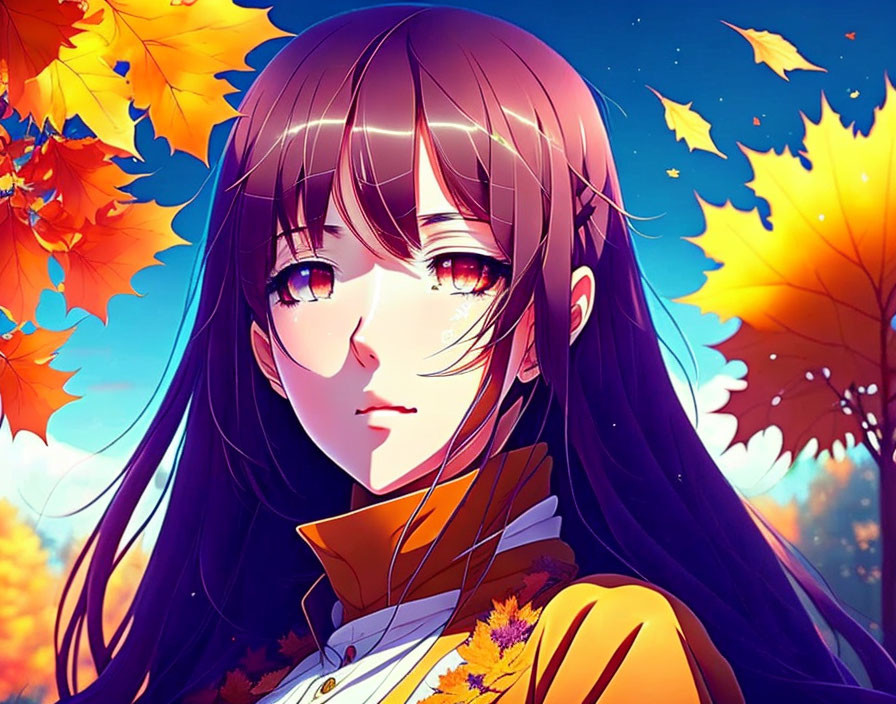 Anime-style illustration of girl with long brown hair, amber eyes, yellow scarf, and autumn leaves.